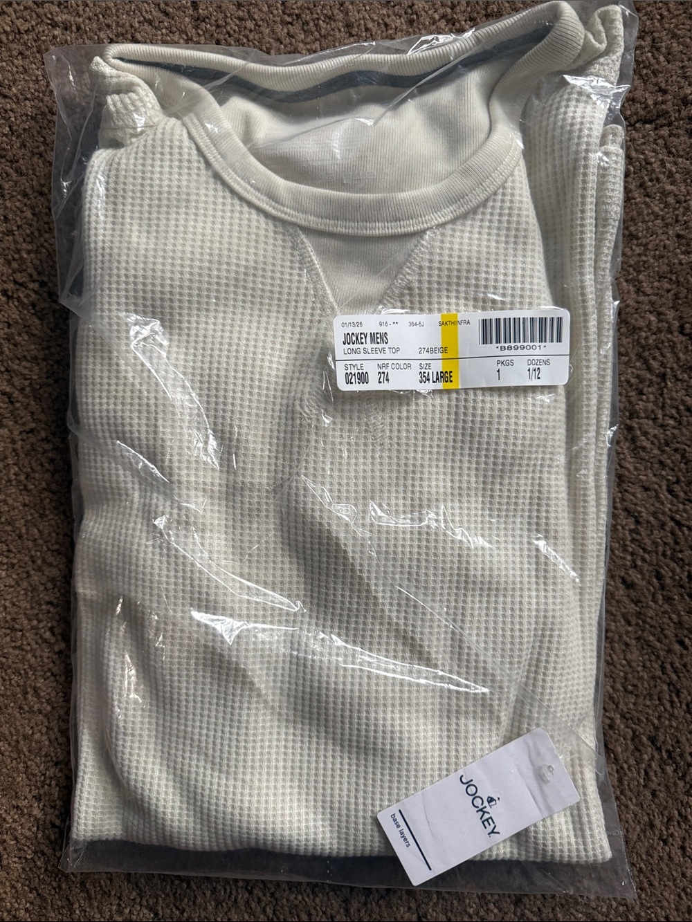 Jockey Men's Long Sleeve Waffle Knit Shirt in Beige Size L